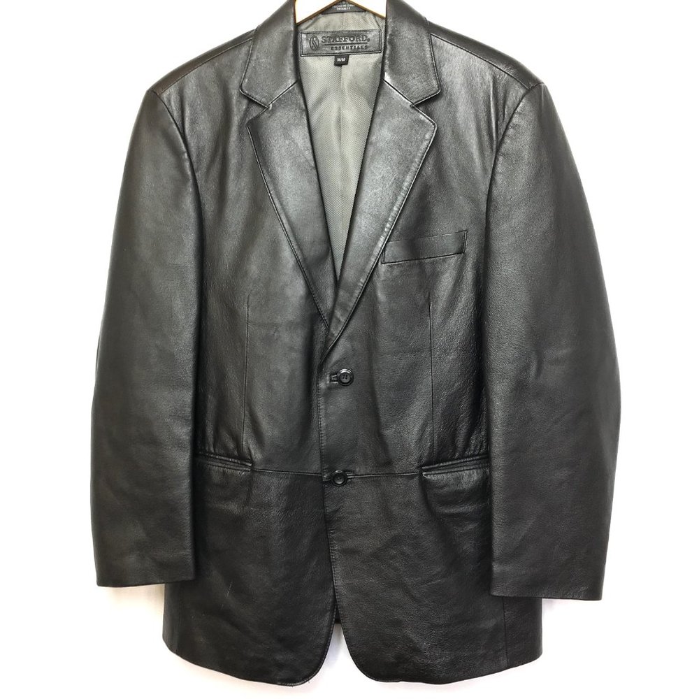 Stafford Blk 100% leather Single Breast Blazer Jacket Size Med EUC